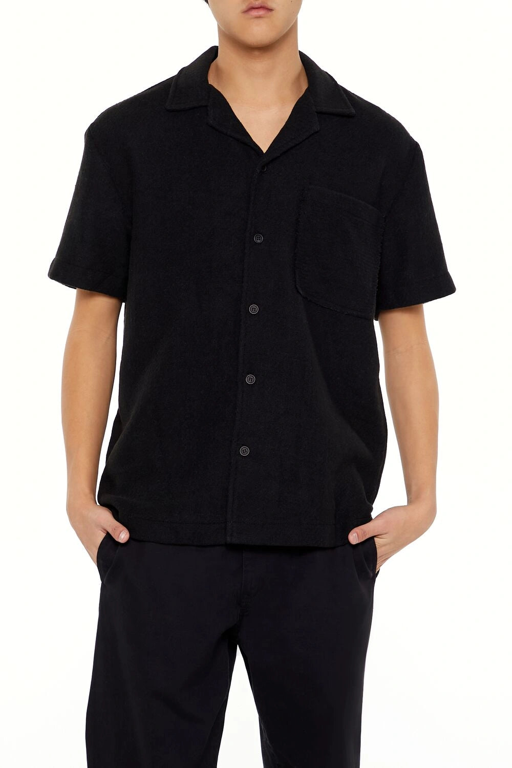 فوريفر 21-قميص بوكلي منسوج بياقة كوبية-للرجال