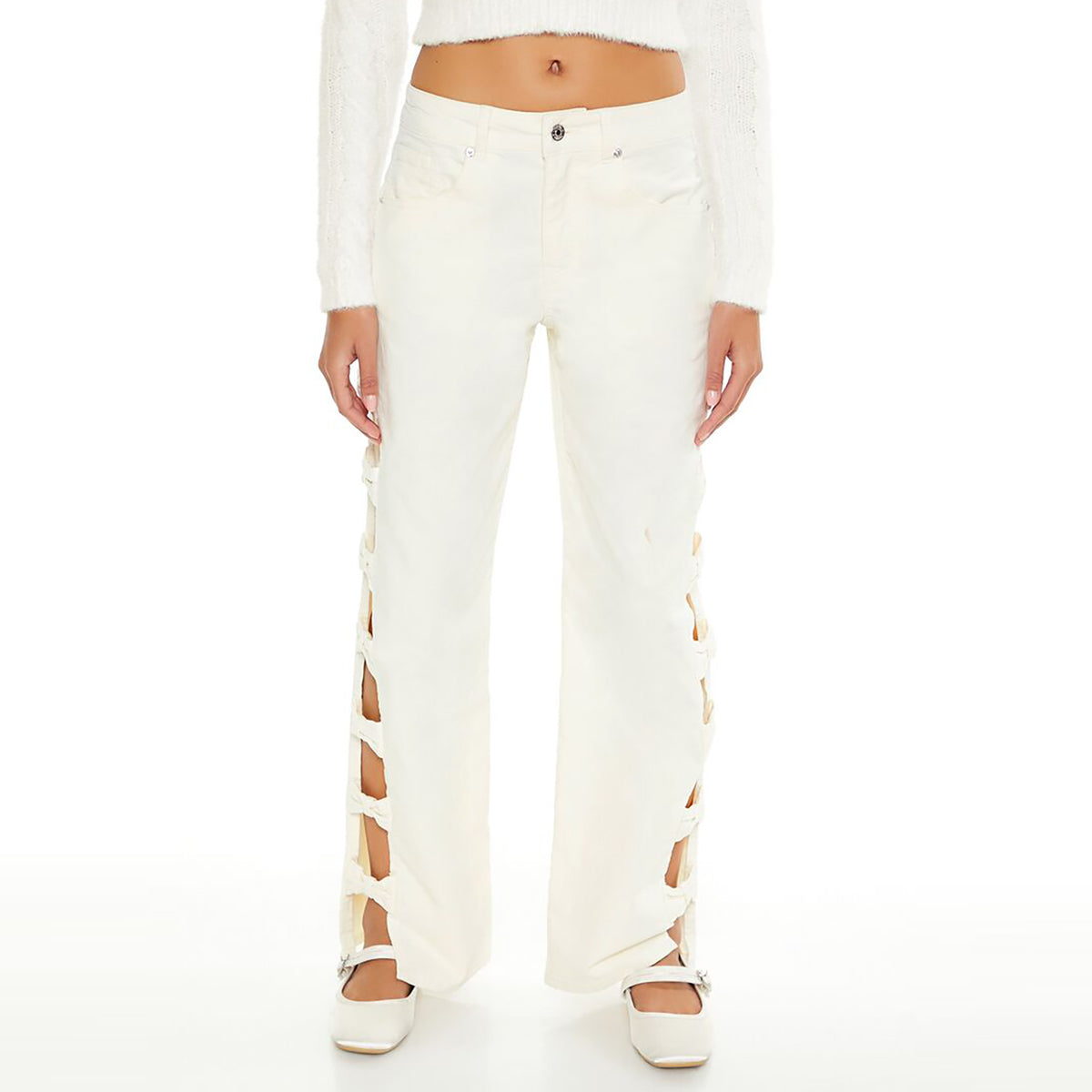 فوريفر 21 - بنطال مخملي بفتحات مع فيونكة للنساء - يباع بواسطة اف اى جى