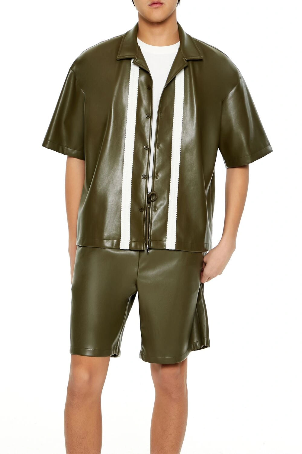 فوريفر 21-قميص من الجلد الصناعي المخطط-للرجال