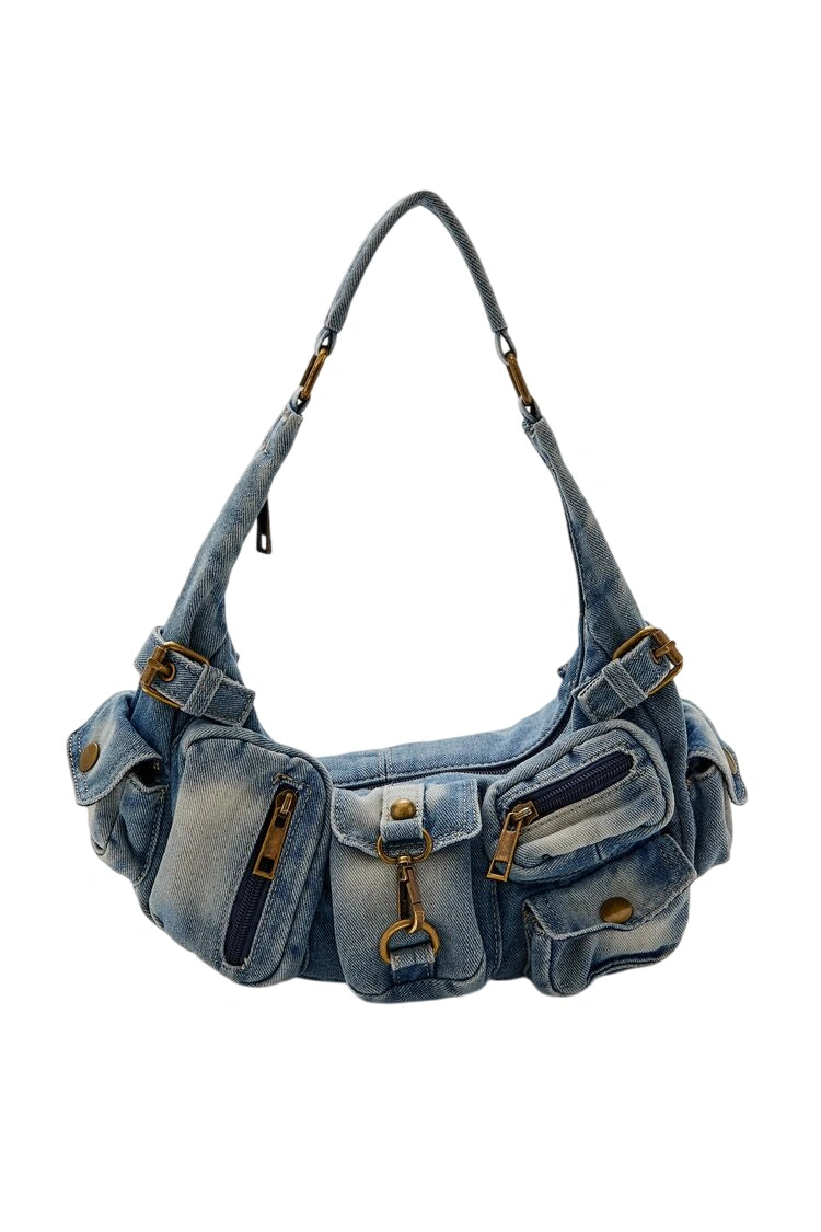 فوريفر 21-حقيبة كتف من قماش الدنيم بجيب ثلاثي الأبعاد-للنساء