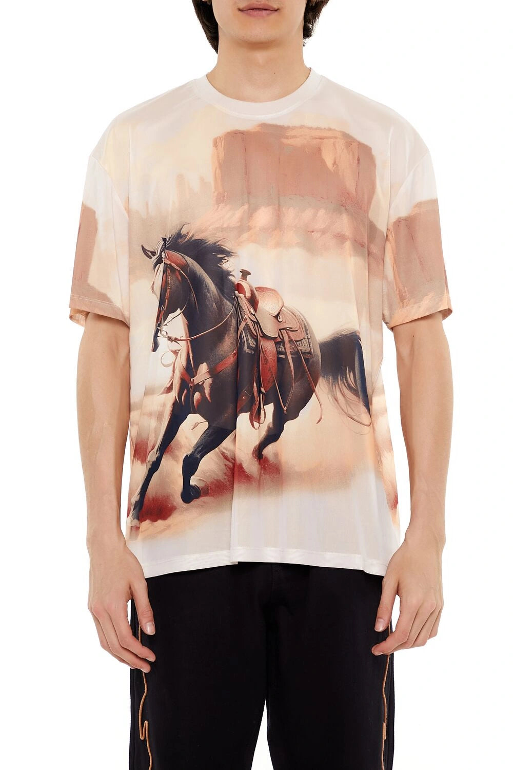 فوريفر 21-تي شيرت جرافيكي بطبعة حصان يركض-للرجال