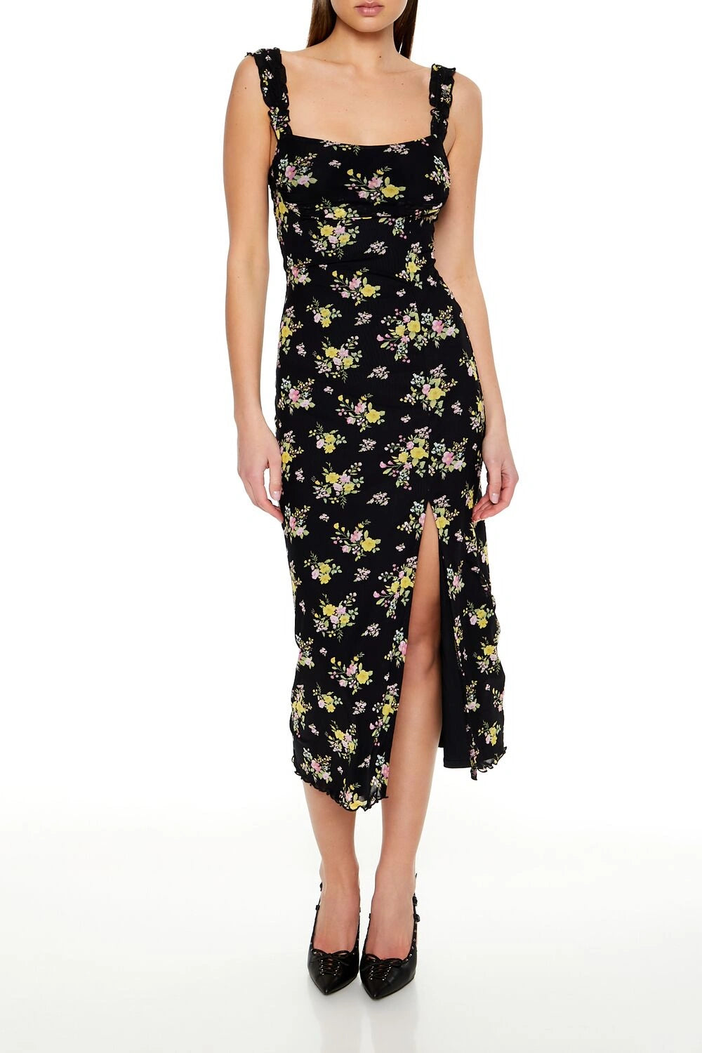 فوريفر 21-فستان ميدي مزهر بحافة الخس-للنساء