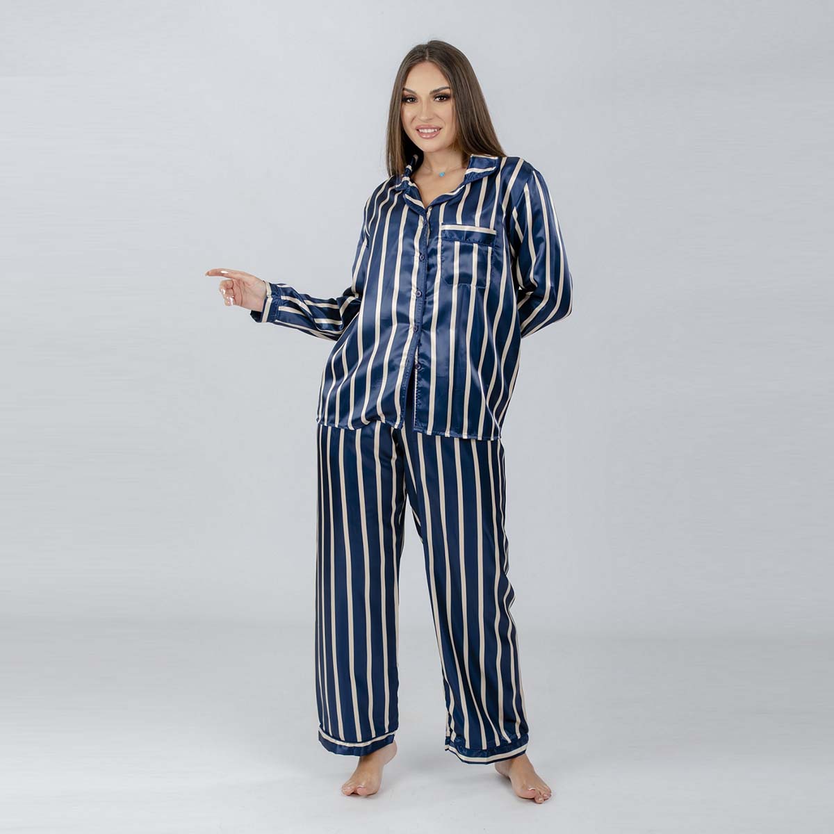 شيك شيك - طقم بيجاما ستان مخطط للنساء