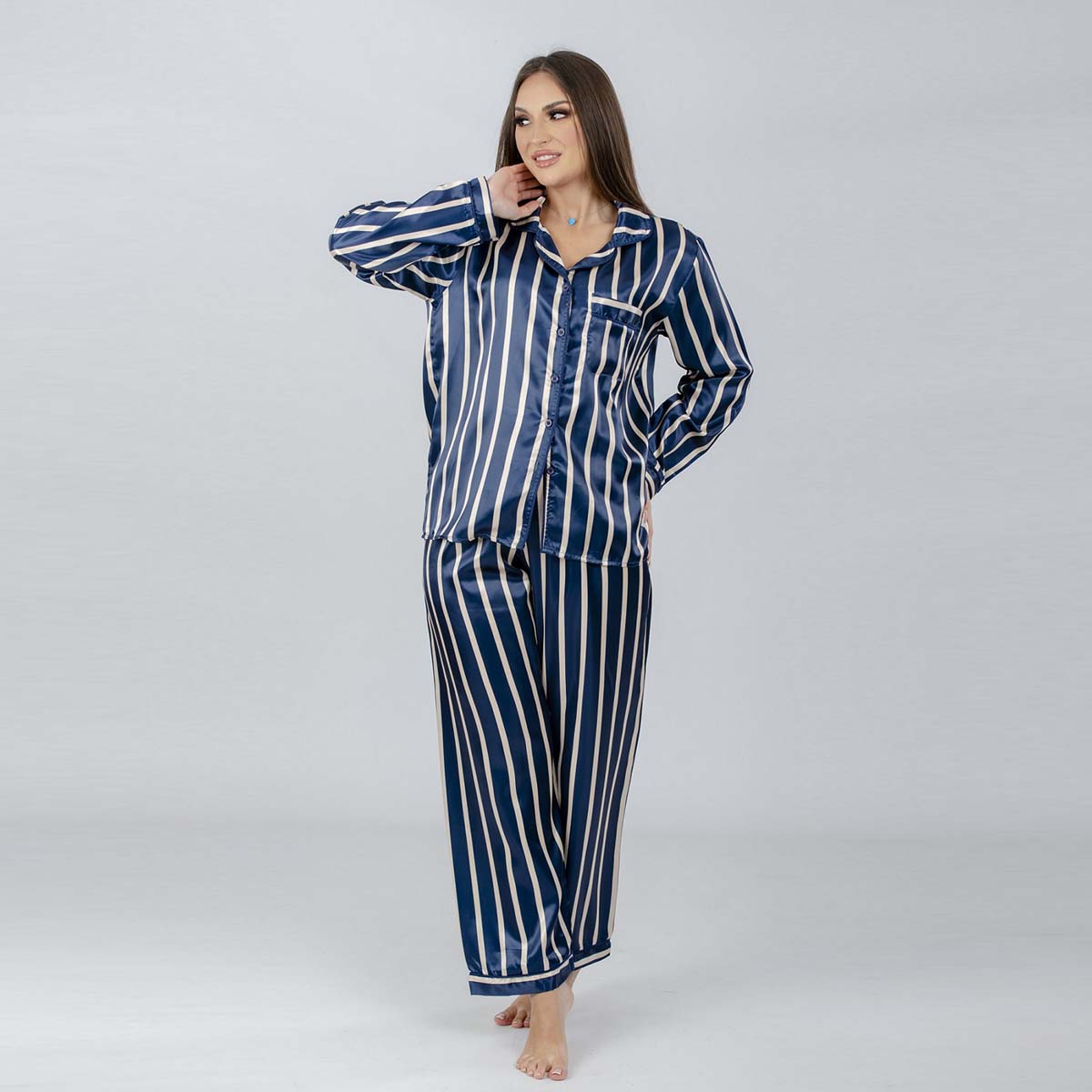 شيك شيك - طقم بيجاما ستان مخطط للنساء