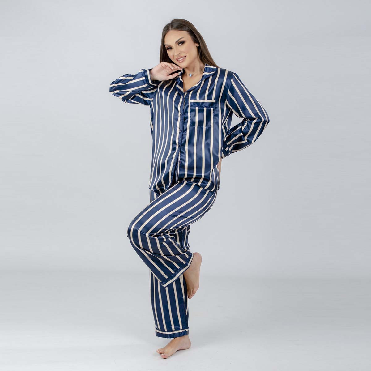 شيك شيك - طقم بيجاما ستان مخطط للنساء