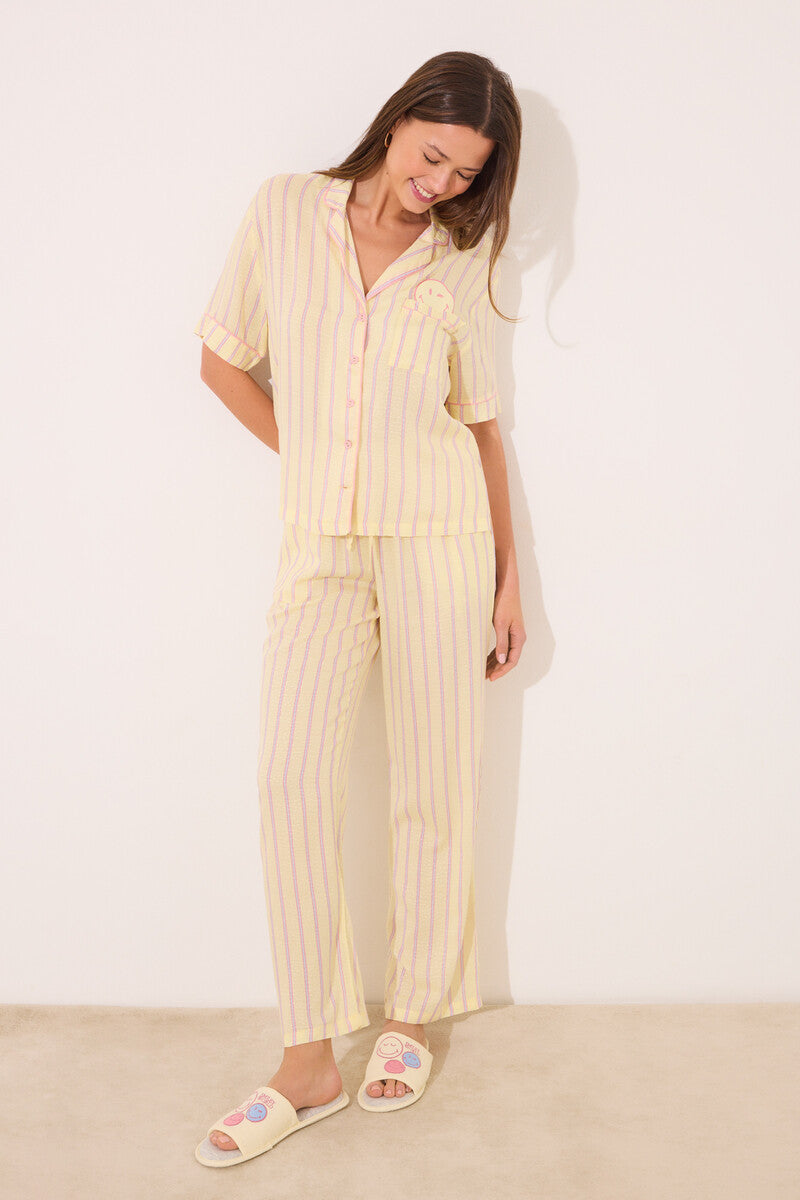 women'secret - Satin shirt pajamas with smiling stripes - sold by FIG