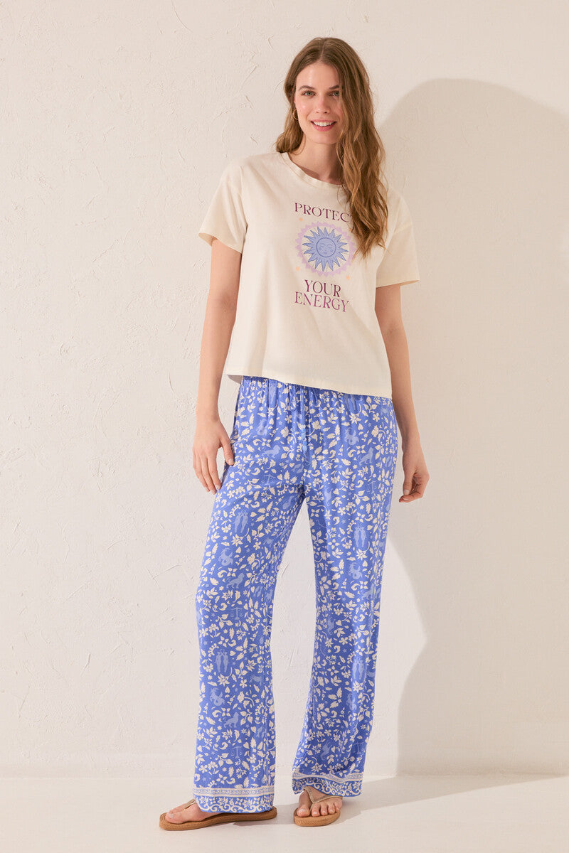 Women Secret-Long viscose trousers with blue print- sold by FIG