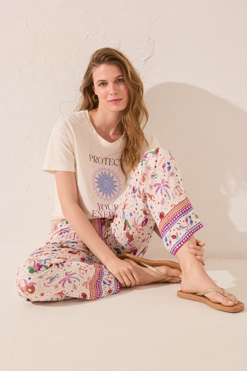 Women Secret-Long viscose trousers with multicoloured print- sold by FIG