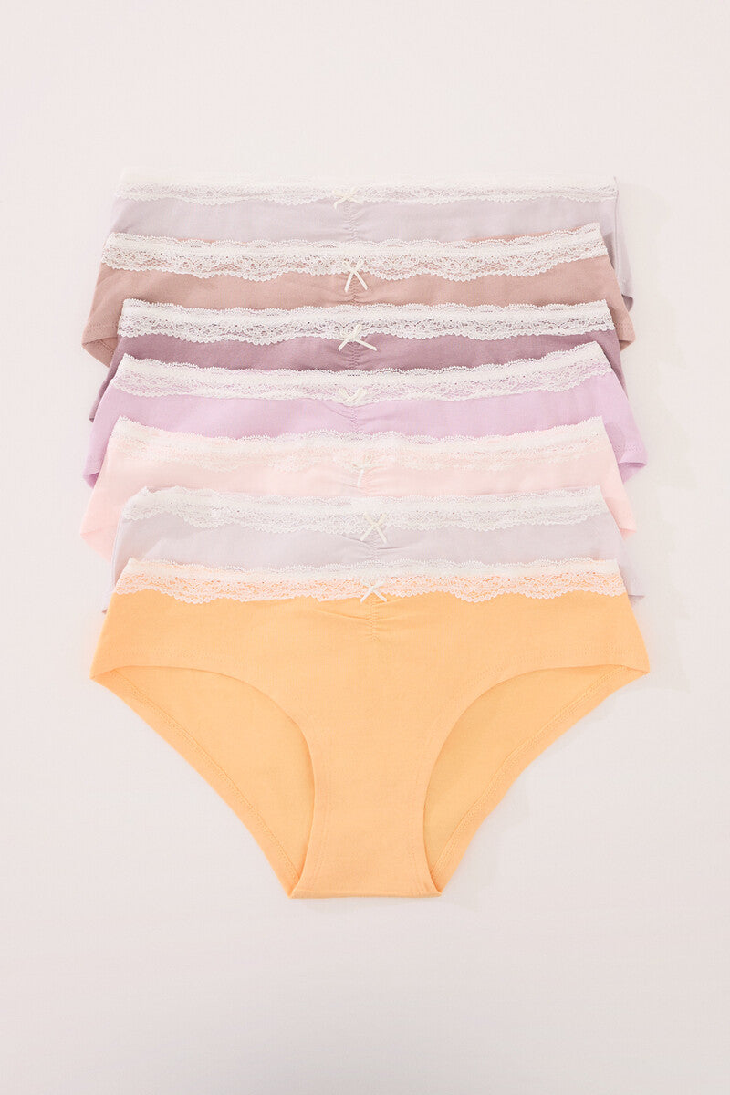 Women Secret-Pack of 7 wide cotton panties with lace in combined colors-sold by FIG