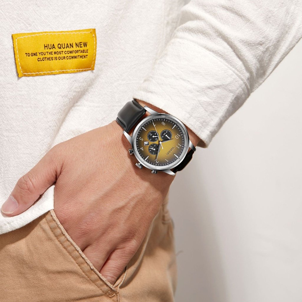 TRNDA STAINLESS STEEL MEN'S WATCH - TIMELESS STYLE WITH GRADIENT CEDAR BROWN DIAL & BLACK LEATHER BAND