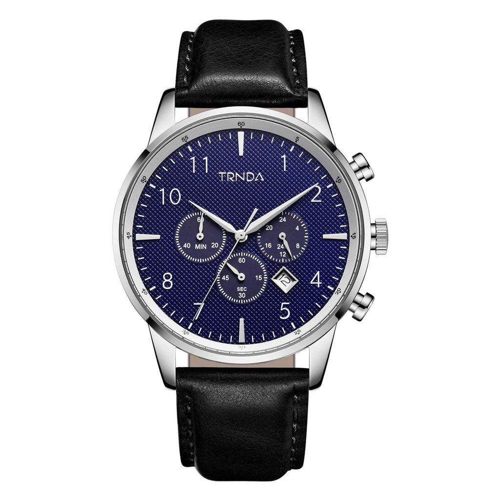 TRNDA STAINLESS STEEL 43MM MEN'S WATCH - METALLIC DARK BLUE DIAL & BLACK LEATHER BAND
