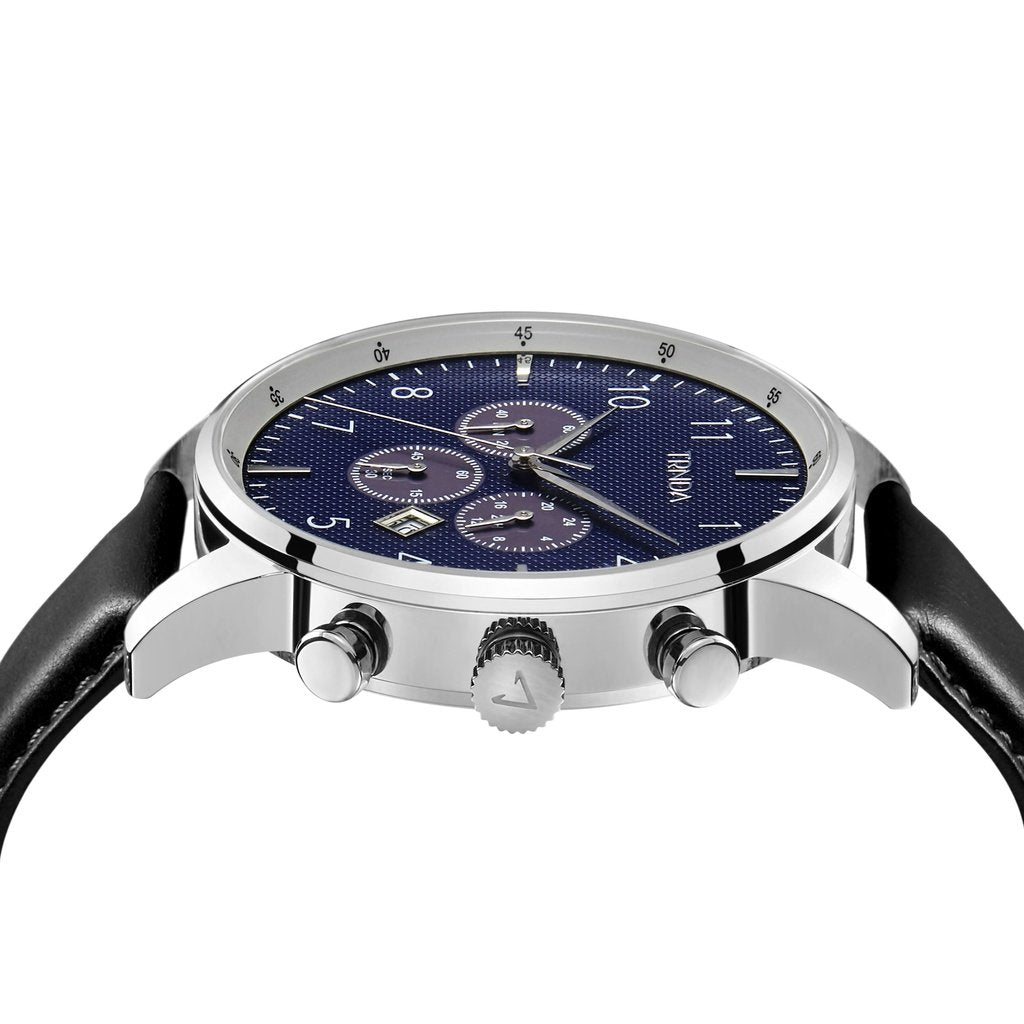 TRNDA STAINLESS STEEL 43MM MEN'S WATCH - METALLIC DARK BLUE DIAL & BLACK LEATHER BAND