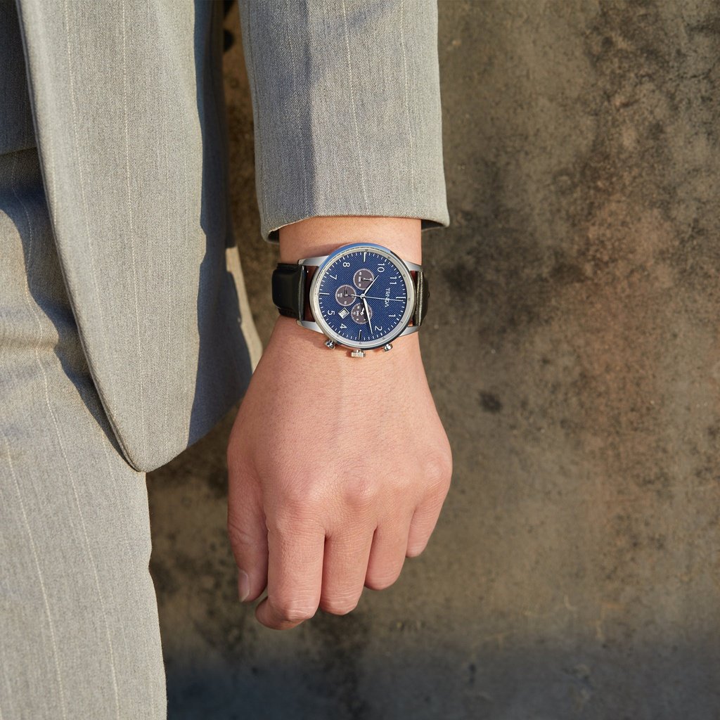 TRNDA STAINLESS STEEL 43MM MEN'S WATCH - METALLIC DARK BLUE DIAL & BLACK LEATHER BAND