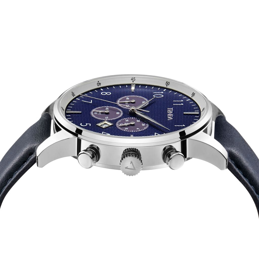 TRNDA STAINLESS STEEL MEN'S WATCH - TIMELESS STYLE WITH BLUE LEATHER BAND & DARK DIAL