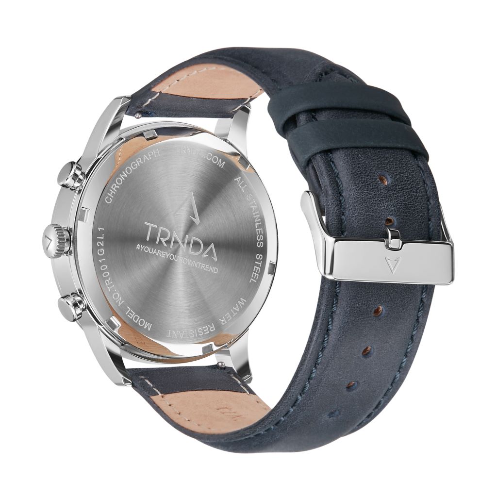 TRNDA STAINLESS STEEL MEN'S WATCH - TIMELESS STYLE WITH BLUE LEATHER BAND & DARK DIAL