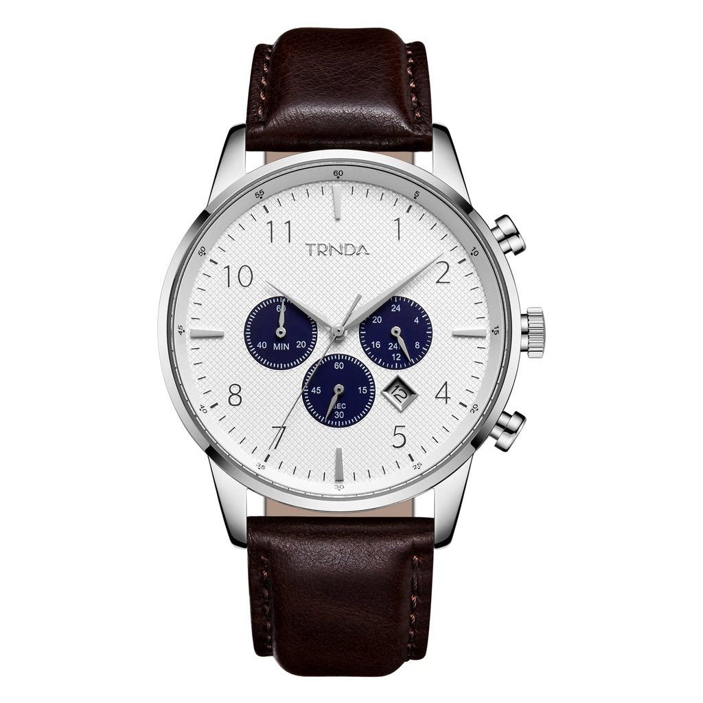 TRNDA MEN'S TIMEPIECE - STAINLESS STEEL & BROWN LEATHER - SILVER WHITE DIAL ELEGANCE