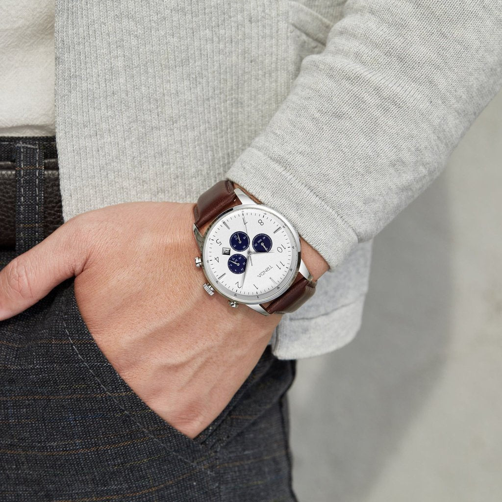 TRNDA MEN'S TIMEPIECE - STAINLESS STEEL & BROWN LEATHER - SILVER WHITE DIAL ELEGANCE