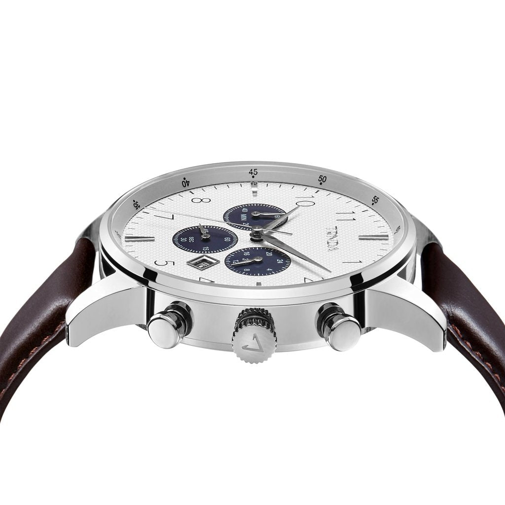 TRNDA MEN'S TIMEPIECE - STAINLESS STEEL & BROWN LEATHER - SILVER WHITE DIAL ELEGANCE