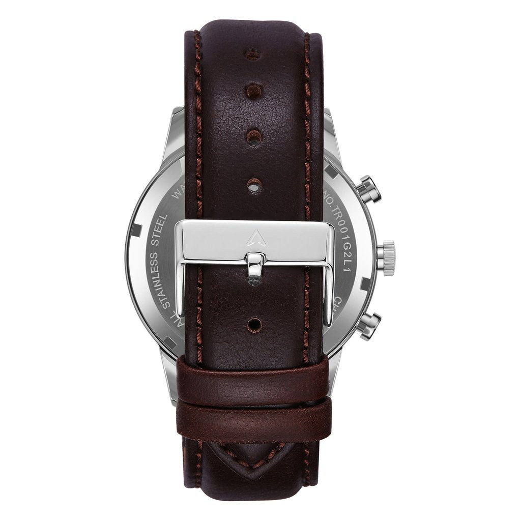 TRNDA MEN'S TIMEPIECE - STAINLESS STEEL & BROWN LEATHER - SILVER WHITE DIAL ELEGANCE