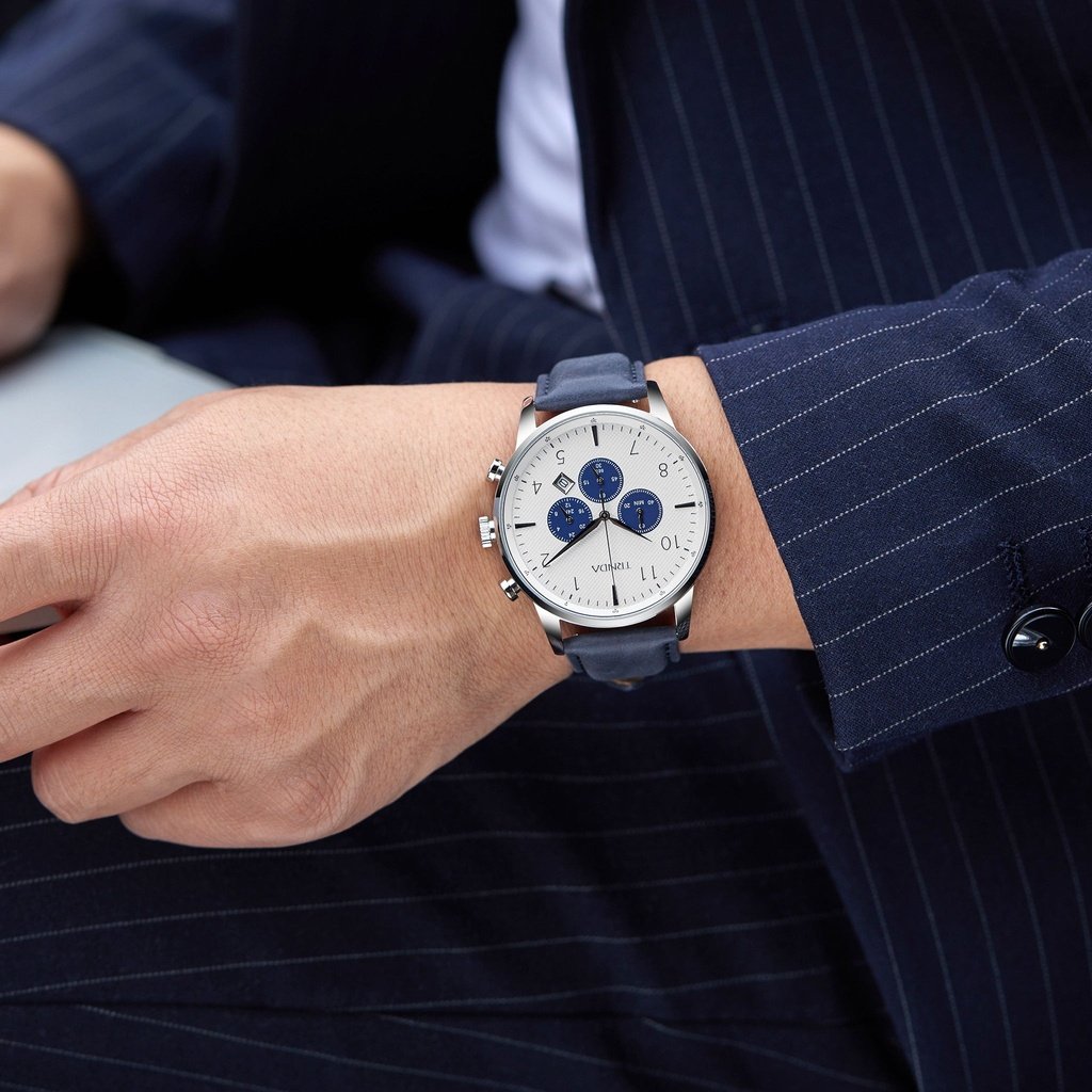 TRNDA STAINLESS STEEL 43MM MEN'S WATCH - TIMELESS STYLE WITH BLUE LEATHER BAND