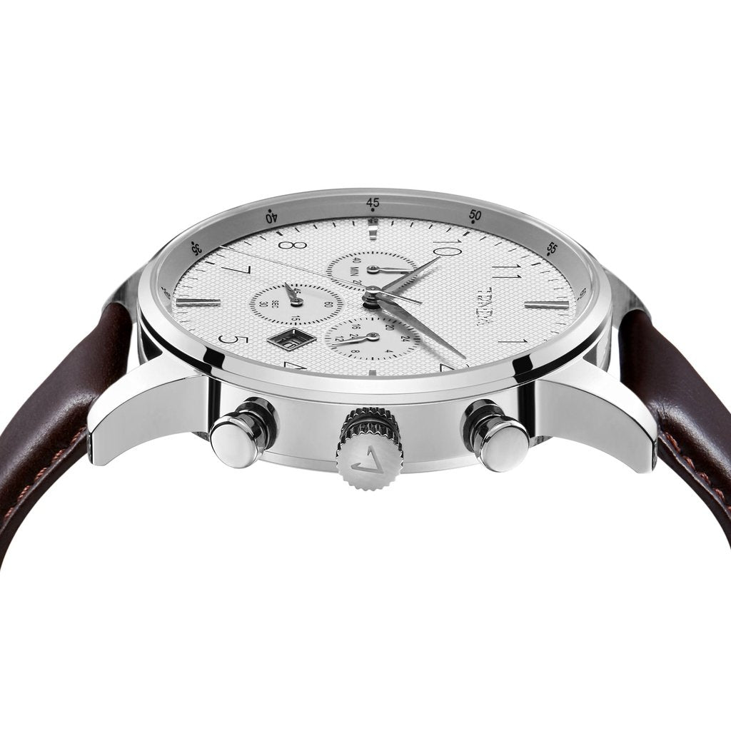 TRNDA STAINLESS STEEL CLASSIC - TIMELESS MEN'S WATCH WITH BROWN LEATHER BAND & SILVER WHITE DIAL