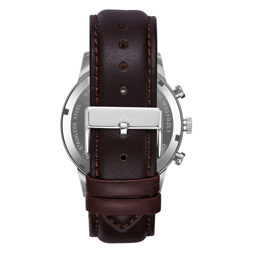 TRNDA STAINLESS STEEL CLASSIC - TIMELESS MEN'S WATCH WITH BROWN LEATHER BAND & SILVER WHITE DIAL
