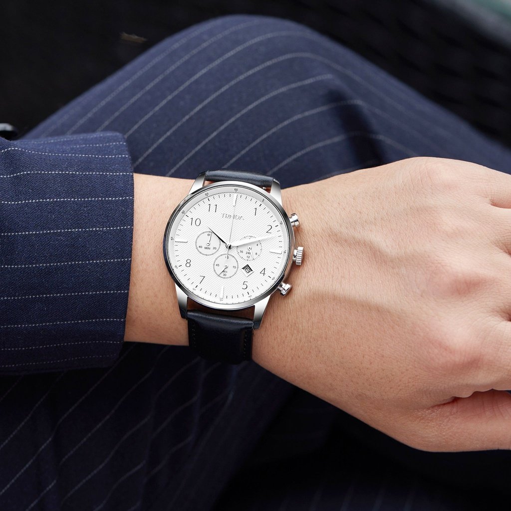 TRNDA MEN'S STAINLESS STEEL TIMEPIECE - ELEGANT SILVER & BLACK LEATHER FASHION WATCH