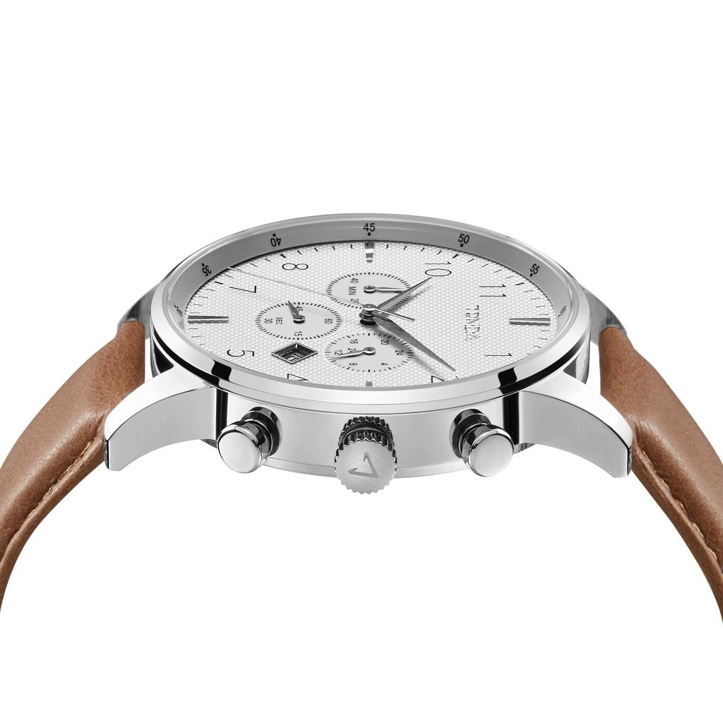 TRNDA STAINLESS STEEL MEN'S WATCH - ELEGANT SILVER DIAL & TAN LEATHER BAND - A TIMELESS TRENDSETTER