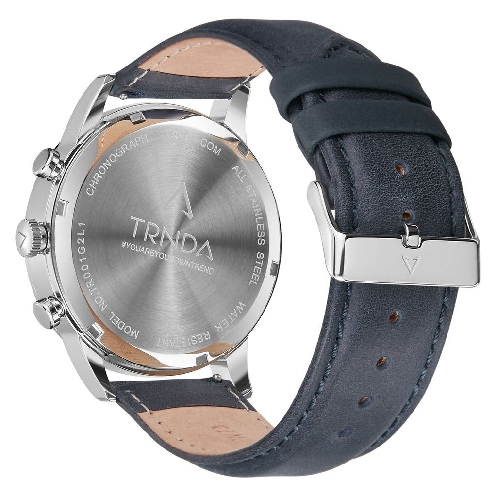 TRNDA MEN'S STAINLESS STEEL WATCH - ELEGANT BLUE LEATHER STRAP & UNIQUE SILVER DIAL