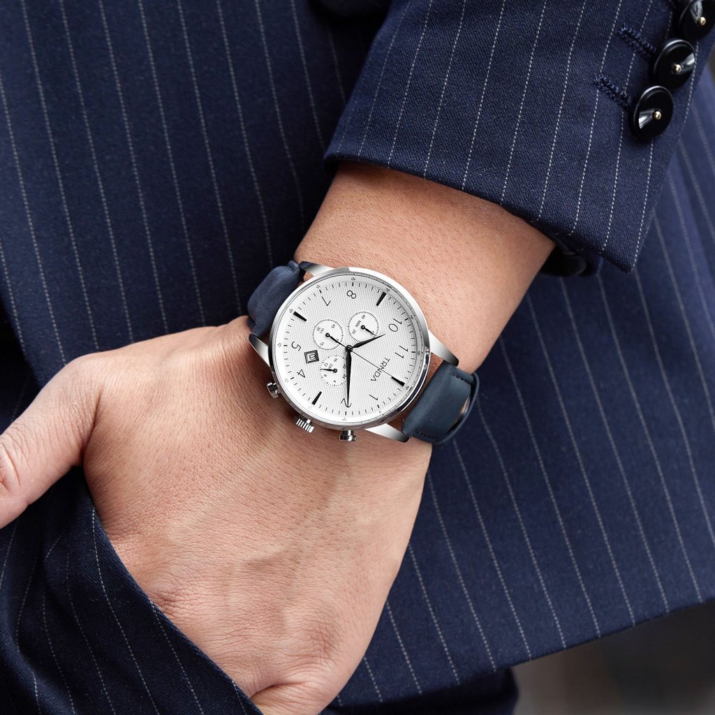 TRNDA MEN'S STAINLESS STEEL WATCH - ELEGANT BLUE LEATHER STRAP & UNIQUE SILVER DIAL