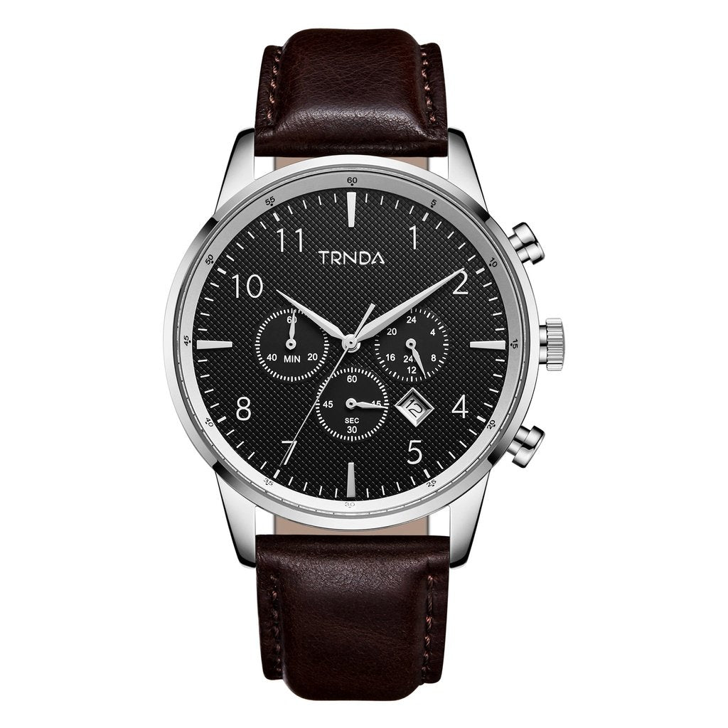 TRNDA STAINLESS STEEL MENS WATCH - CHARCOAL BLACK DIAL & BROWN LEATHER BAND