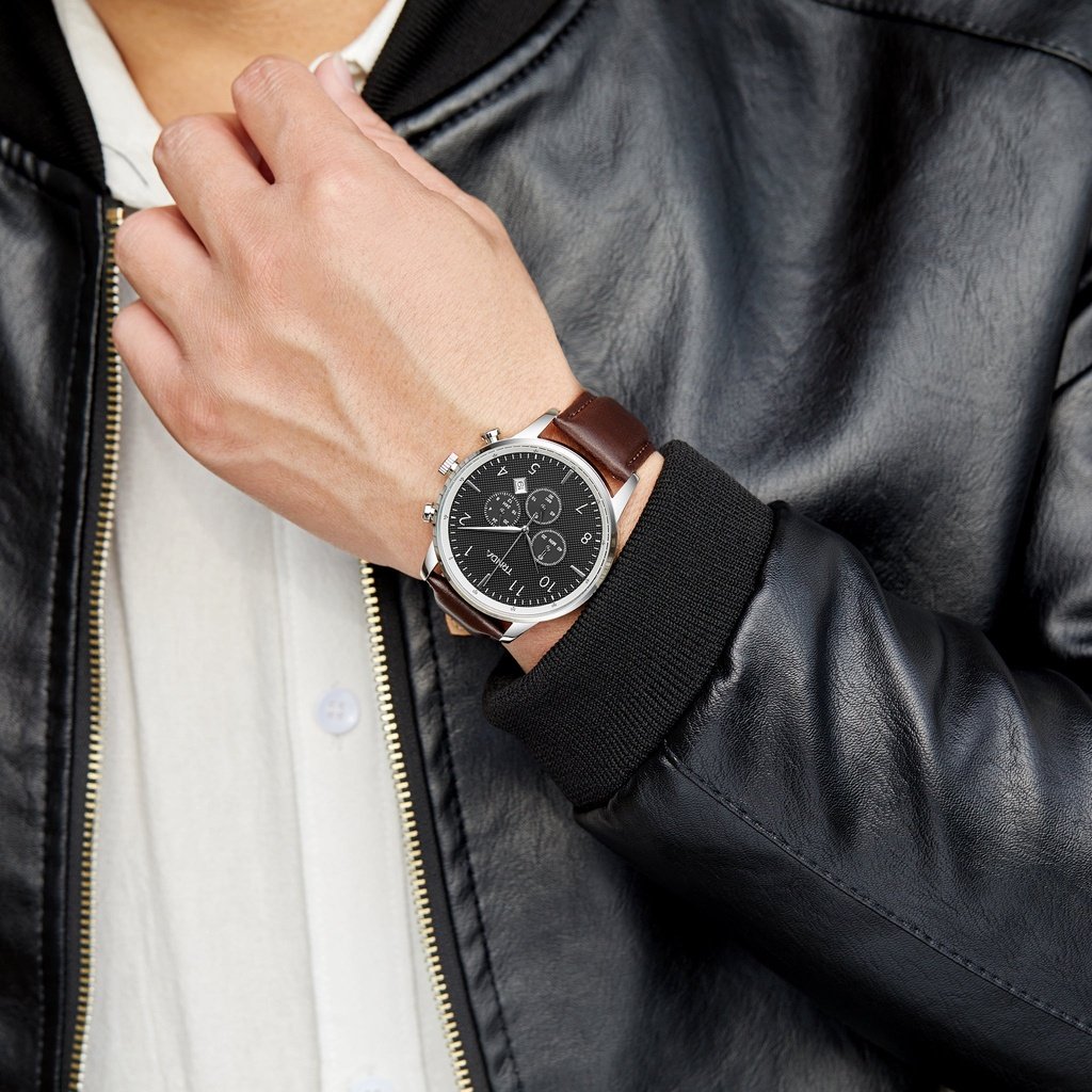 TRNDA STAINLESS STEEL MENS WATCH - CHARCOAL BLACK DIAL & BROWN LEATHER BAND