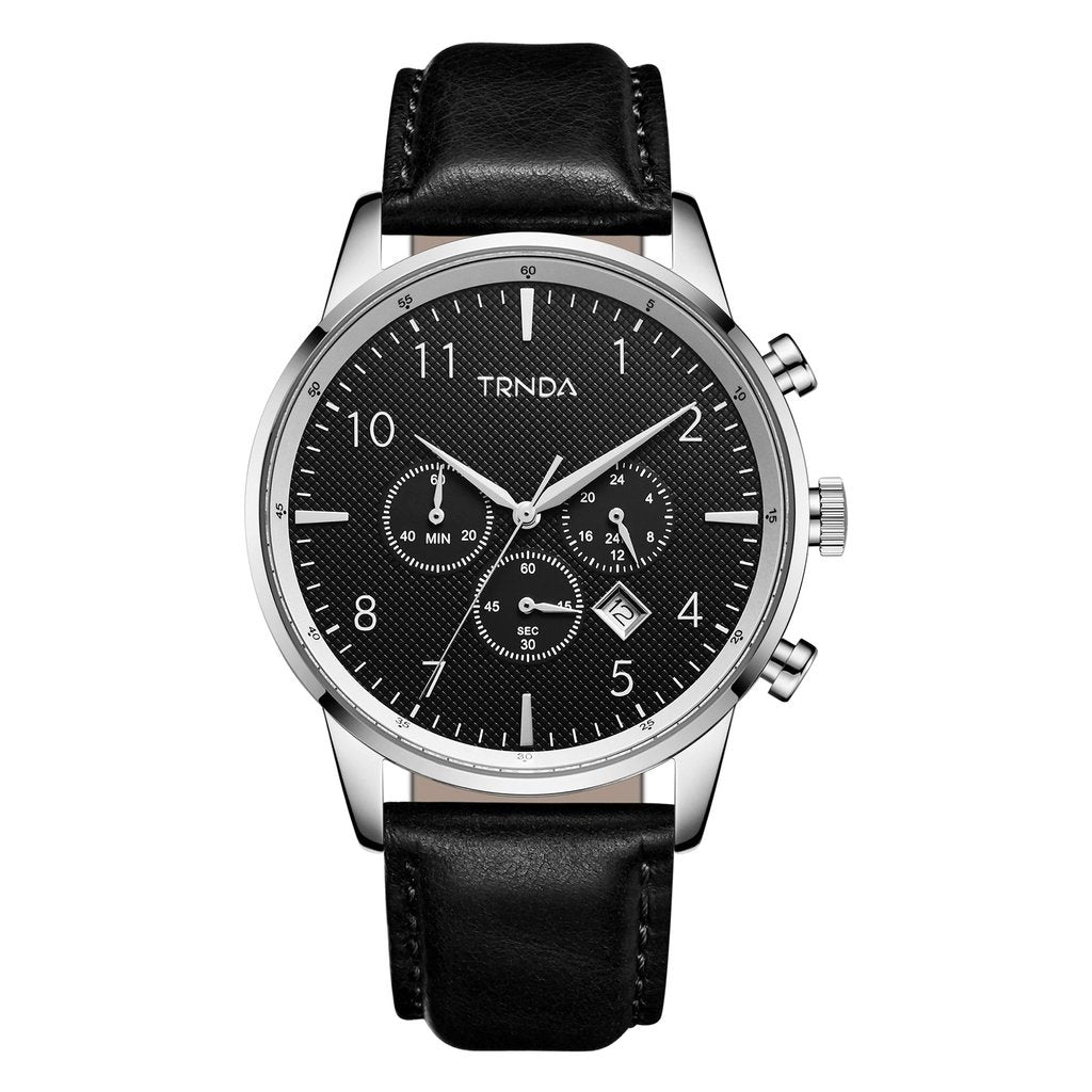 TRNDA STAINLESS STEEL MEN'S WATCH - TIMELESS STYLE WITH CHARCOAL BLACK DIAL & LEATHER BAND