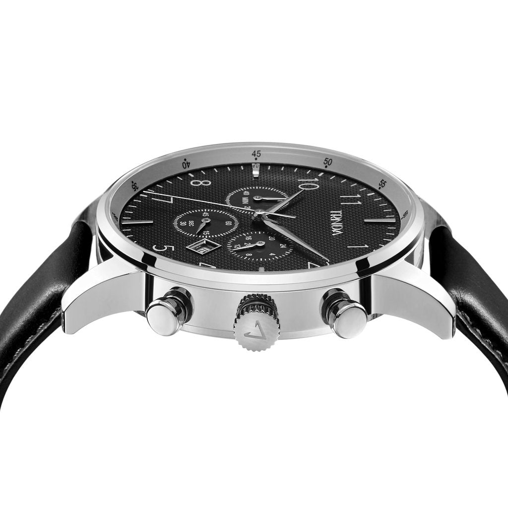 TRNDA STAINLESS STEEL MEN'S WATCH - TIMELESS STYLE WITH CHARCOAL BLACK DIAL & LEATHER BAND