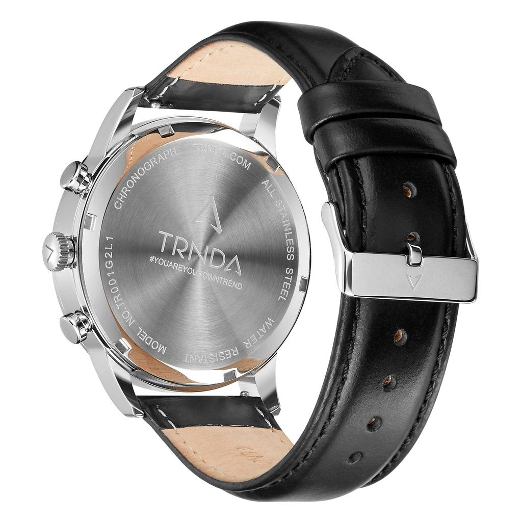 TRNDA STAINLESS STEEL MEN'S WATCH - TIMELESS STYLE WITH CHARCOAL BLACK DIAL & LEATHER BAND