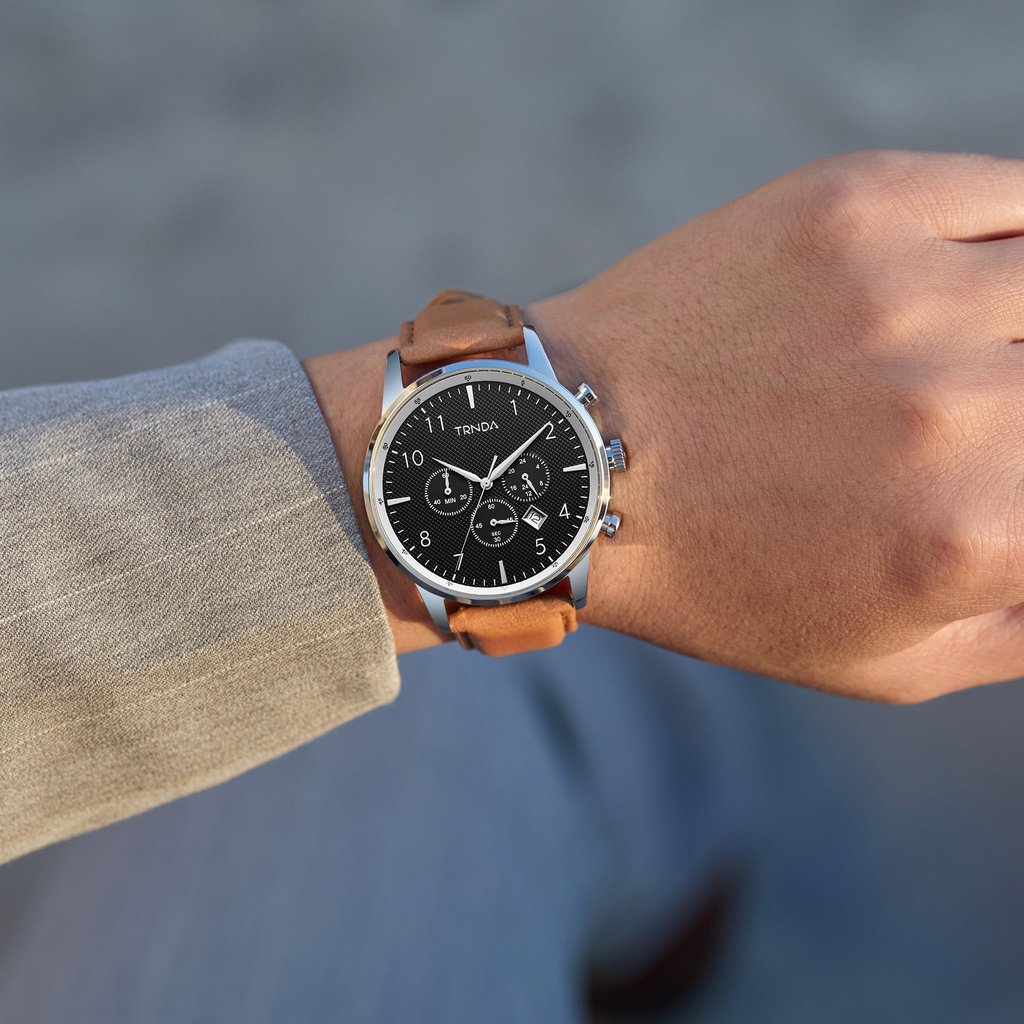 TRNDA MEN'S STAINLESS STEEL CLASSIC CHARCOAL DIAL - TIMELESS TAN LEATHER BAND WATCH