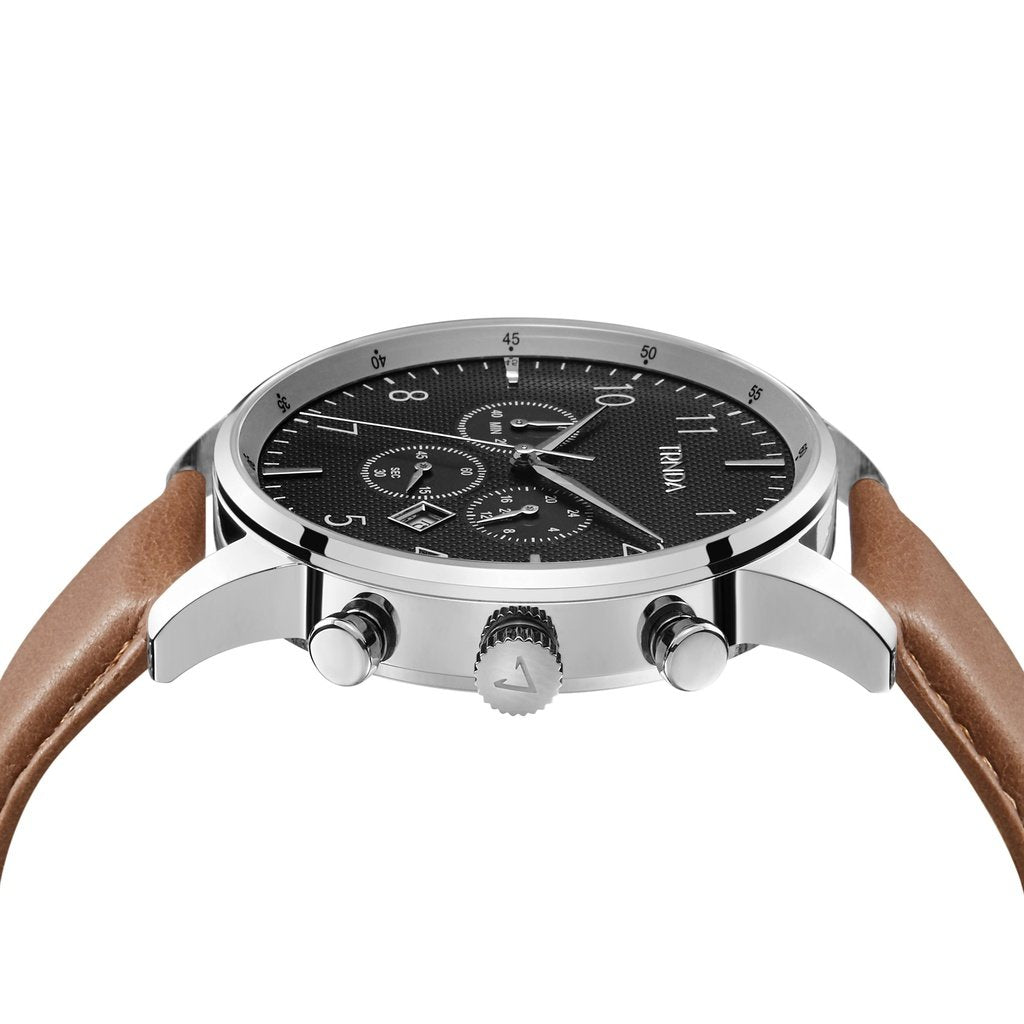 TRNDA MEN'S STAINLESS STEEL CLASSIC CHARCOAL DIAL - TIMELESS TAN LEATHER BAND WATCH