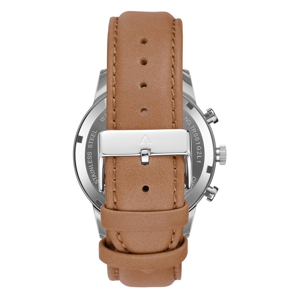TRNDA MEN'S STAINLESS STEEL CLASSIC CHARCOAL DIAL - TIMELESS TAN LEATHER BAND WATCH