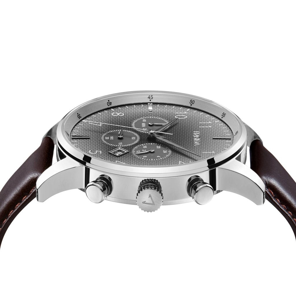 TRNDA TRENDY STAINLESS STEEL MEN'S WATCH - ELEGANT GRADIENT STEEL GRAY DIAL & BROWN LEATHER BAND