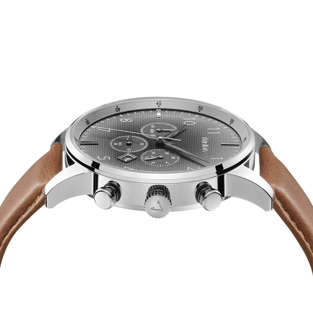 TRNDA STAINLESS STEEL 43MM MEN'S WATCH - TIMELESS GRADIENT STEEL GRAY DIAL WITH TAN LEATHER BAND