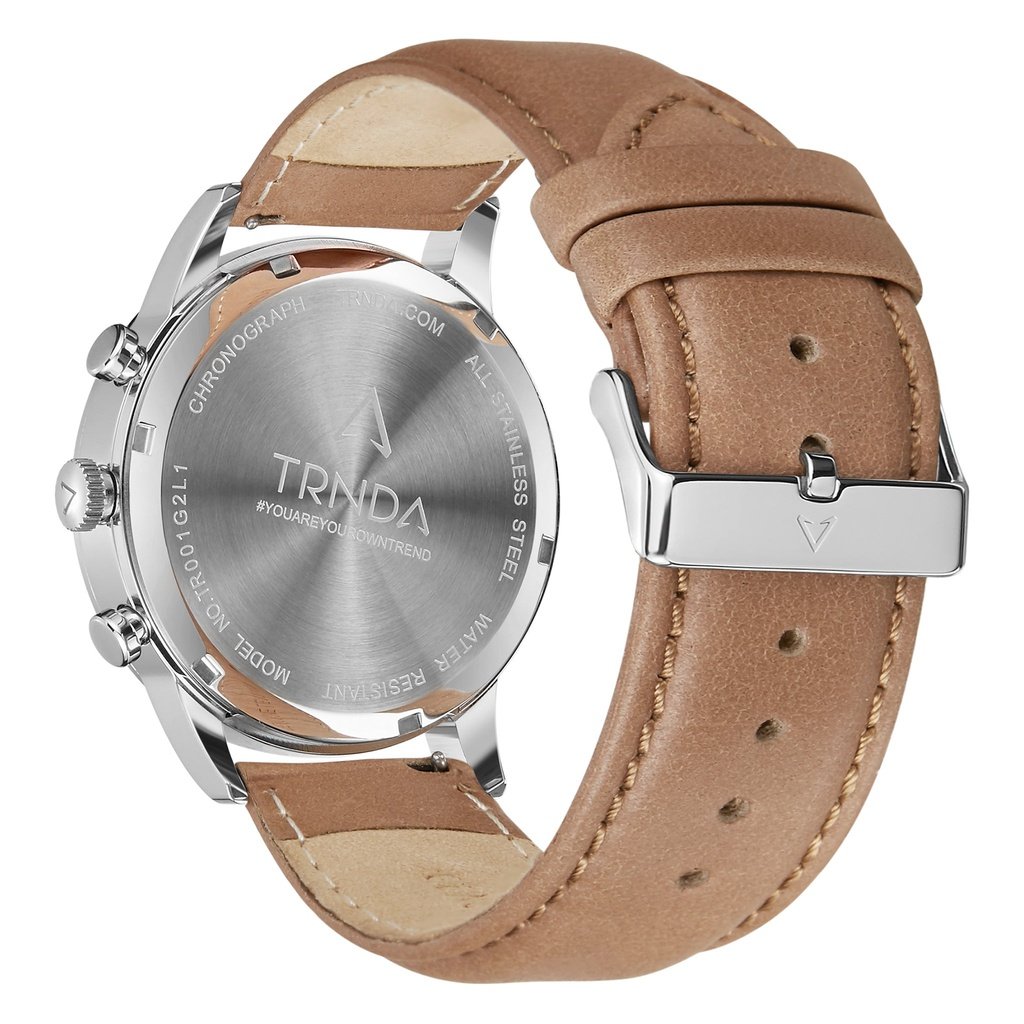 TRNDA STAINLESS STEEL 43MM MEN'S WATCH - TIMELESS GRADIENT STEEL GRAY DIAL WITH TAN LEATHER BAND