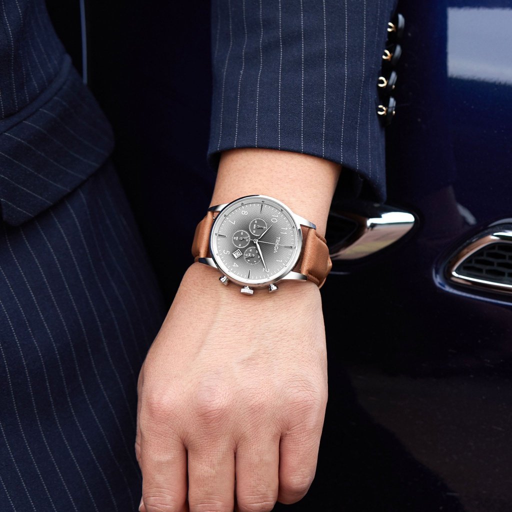 TRNDA STAINLESS STEEL 43MM MEN'S WATCH - TIMELESS GRADIENT STEEL GRAY DIAL WITH TAN LEATHER BAND