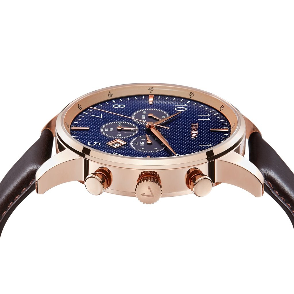 TRNDA MENS ROSE GOLD STAINLESS STEEL WATCH - TIMELESS STYLE WITH DARK BLUE DIAL & BROWN LEATHER BAND