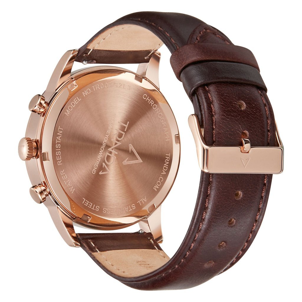 TRNDA MENS ROSE GOLD STAINLESS STEEL WATCH - TIMELESS STYLE WITH DARK BLUE DIAL & BROWN LEATHER BAND