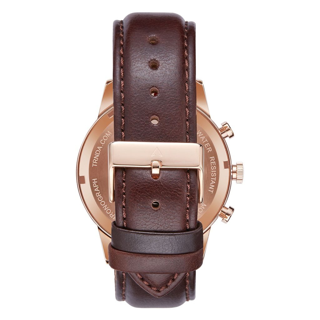 TRNDA MENS ROSE GOLD STAINLESS STEEL WATCH - TIMELESS STYLE WITH DARK BLUE DIAL & BROWN LEATHER BAND