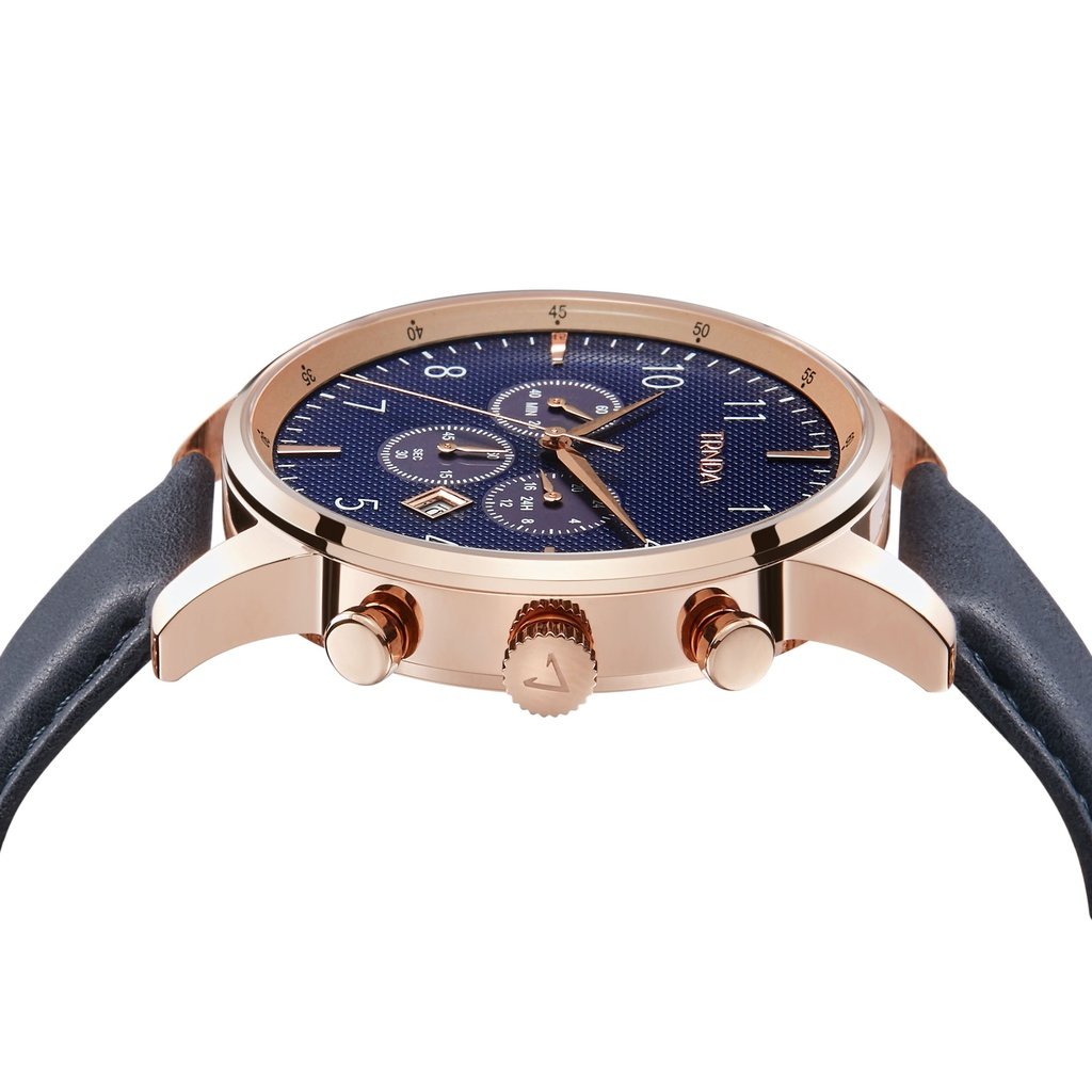 TRNDA ROSE GOLD STAINLESS STEEL MEN'S WATCH - ELEGANT BLUE DIAL & LEATHER BAND