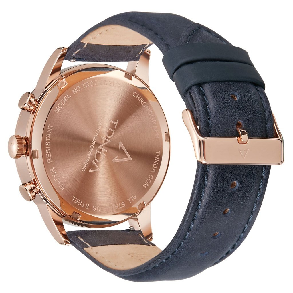 TRNDA ROSE GOLD STAINLESS STEEL MEN'S WATCH - ELEGANT BLUE DIAL & LEATHER BAND