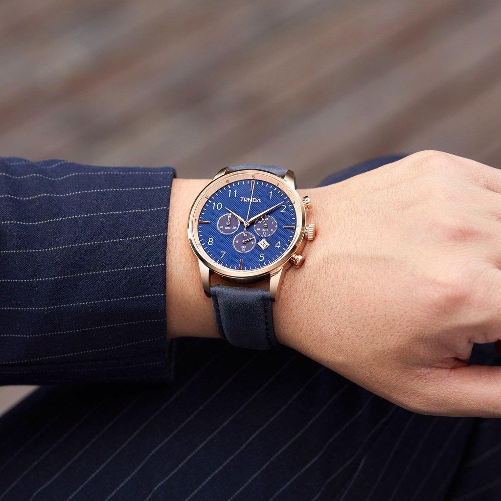 TRNDA ROSE GOLD STAINLESS STEEL MEN'S WATCH - ELEGANT BLUE DIAL & LEATHER BAND