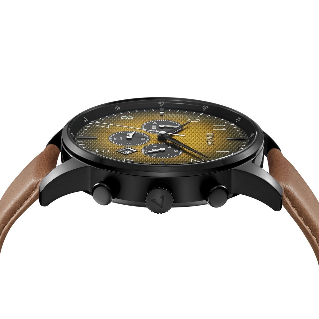 TRNDA STAINLESS STEEL 43MM BLACK DIAL MENS WATCH - TRENDY TAN LEATHER BAND