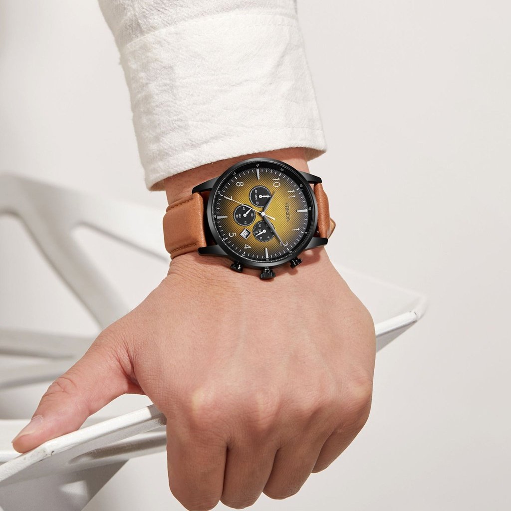 TRNDA STAINLESS STEEL 43MM BLACK DIAL MENS WATCH - TRENDY TAN LEATHER BAND